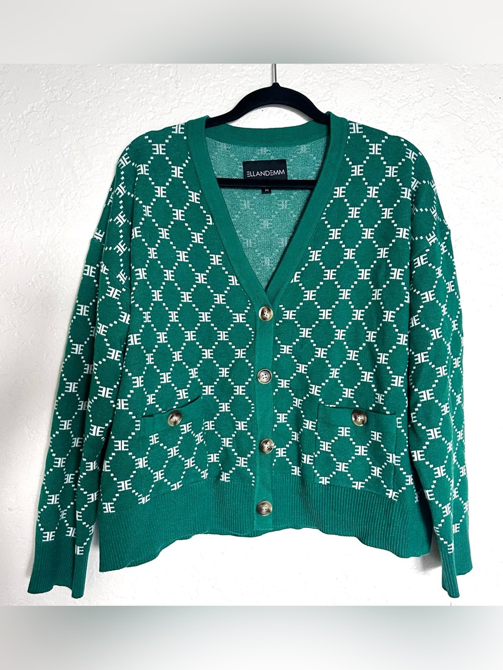ELLANDEMM Women’s Monogram Green Geometric "EE" Logo V-Neck Cardigan - Size M
